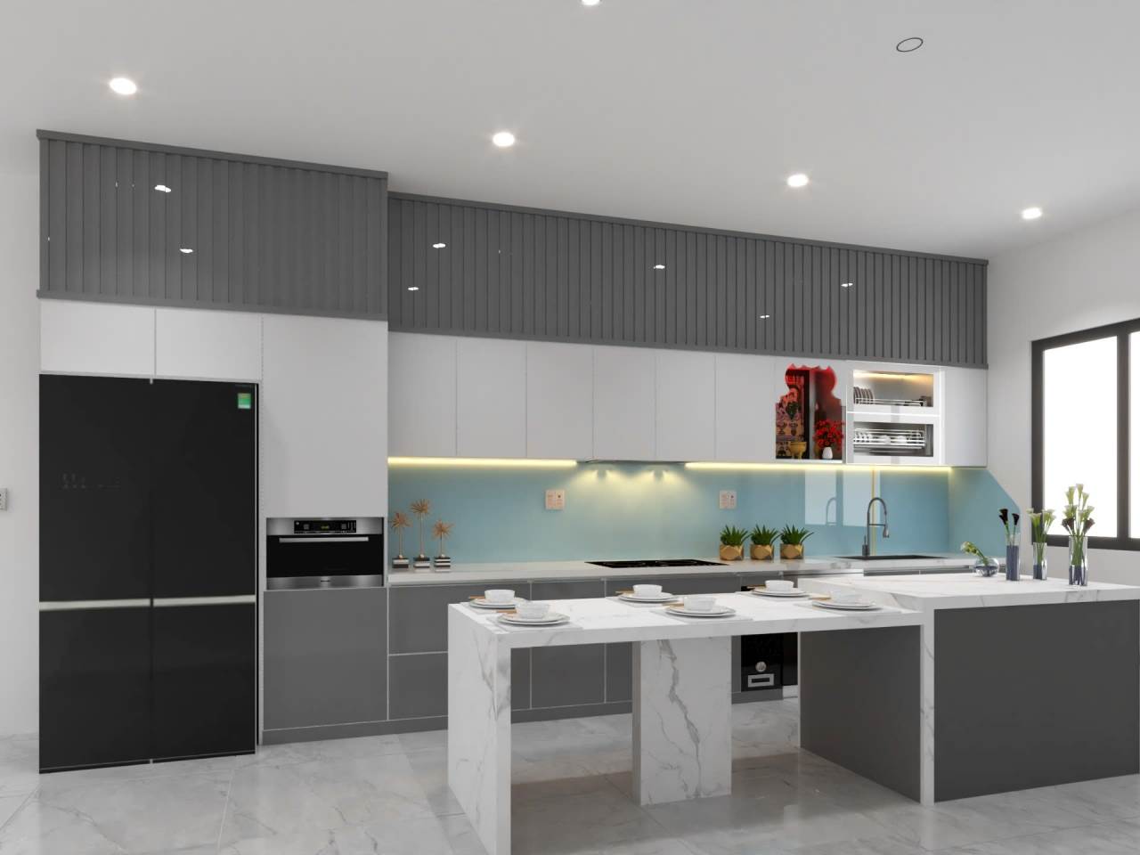 Tủ Bếp Khung Nhôm Cánh Inox