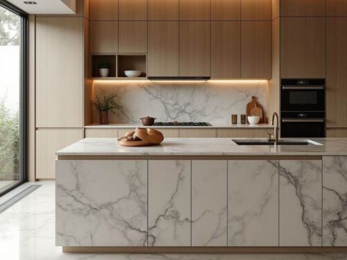 bàn đảo bếp khung nhôm kính cường lực