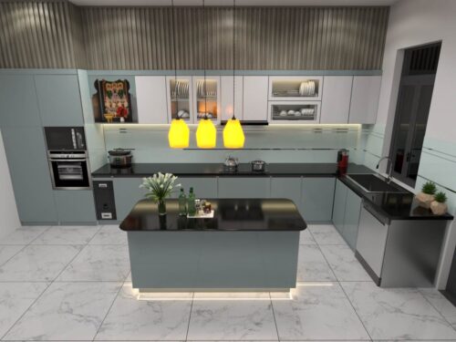 bàn đảo bếp khung nhôm kính cường lực