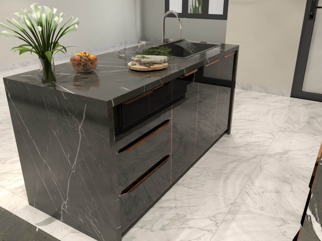 Bàn Đảo Bếp Khung Nhôm Kính Cường Lực