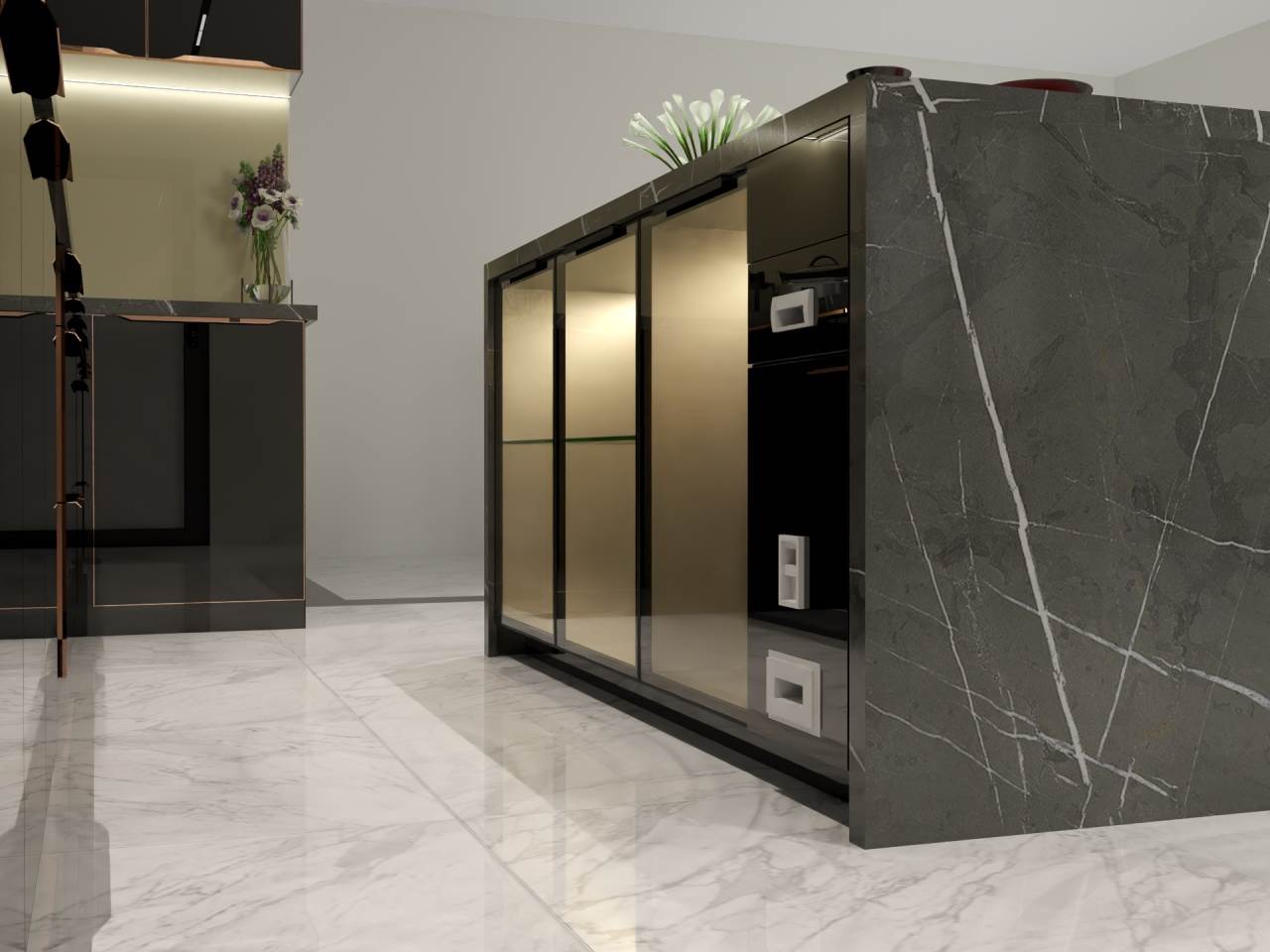 Bàn Đảo Bếp Khung Nhôm Kính Cường Lực