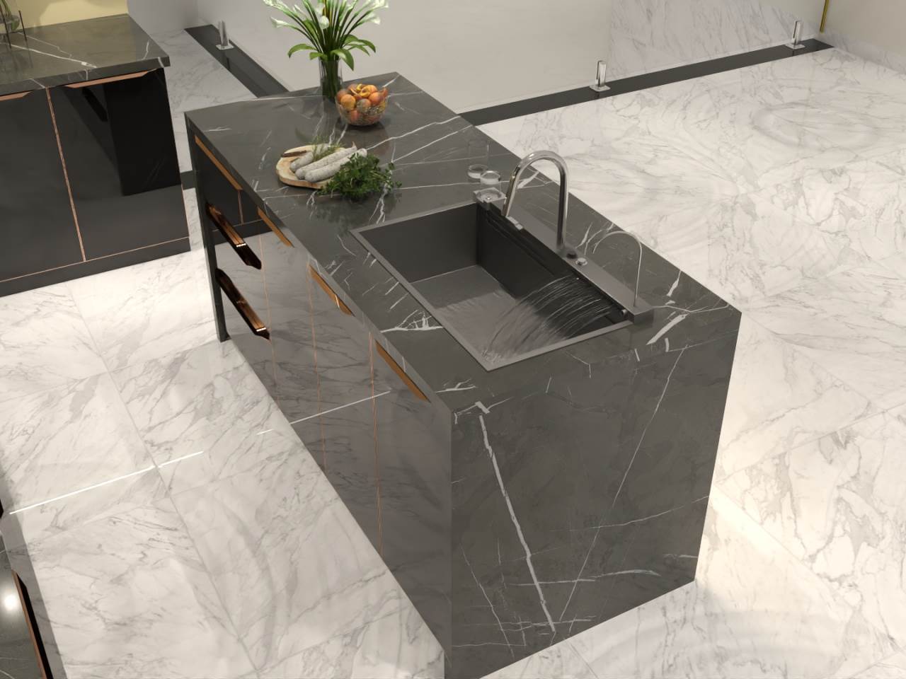 Bàn Đảo Bếp Khung Nhôm Kính Cường Lực