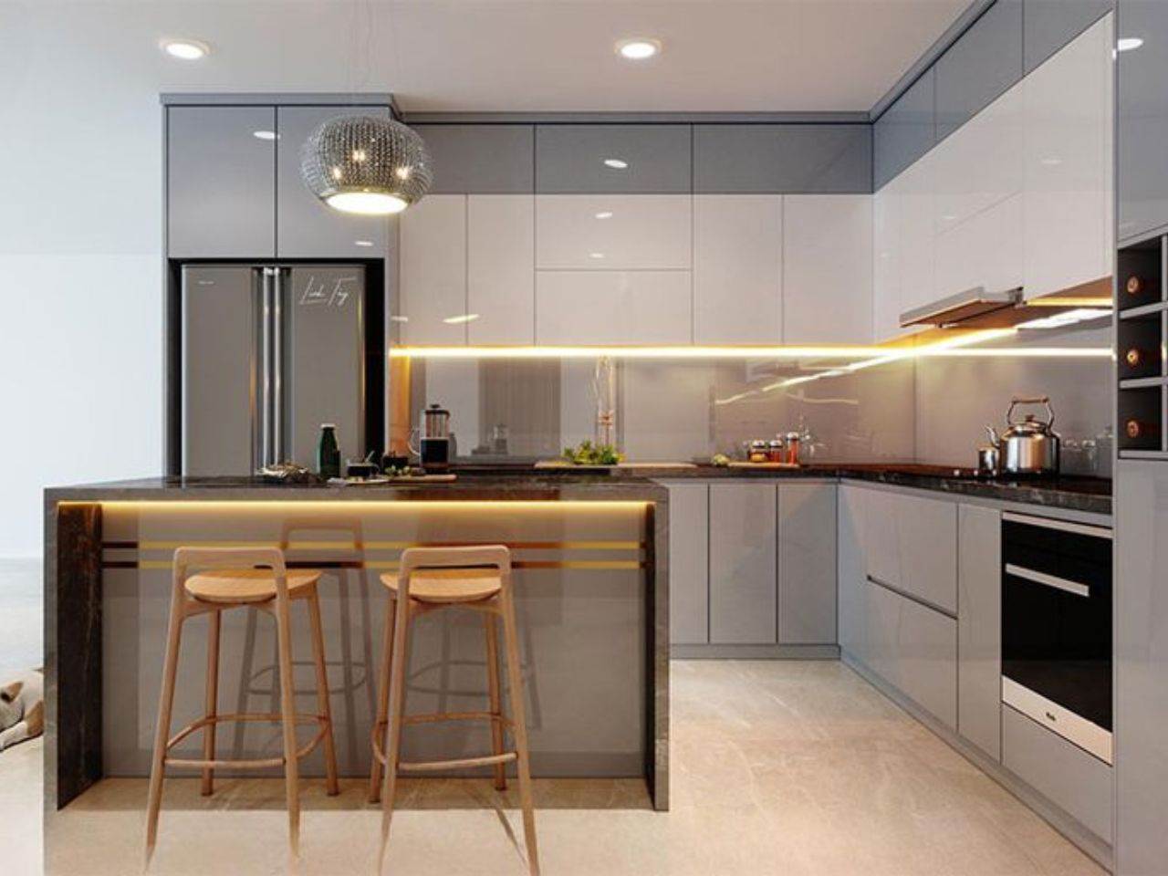 Bàn Đảo Bếp Khung Nhôm Kính Cường Lực